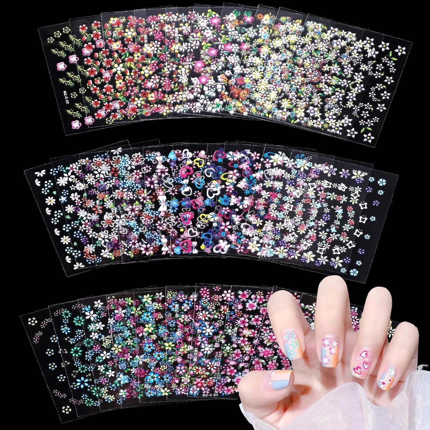 3D Nagelsticker 30 Blatt Nagelsticker Selbstklebend Blumen Blumenherzform Nageldesign Nail Sticker Nageldesign Zubehör Nagelaufkleber Für DIY Dekorationen, Maniküre, Handyhüllen