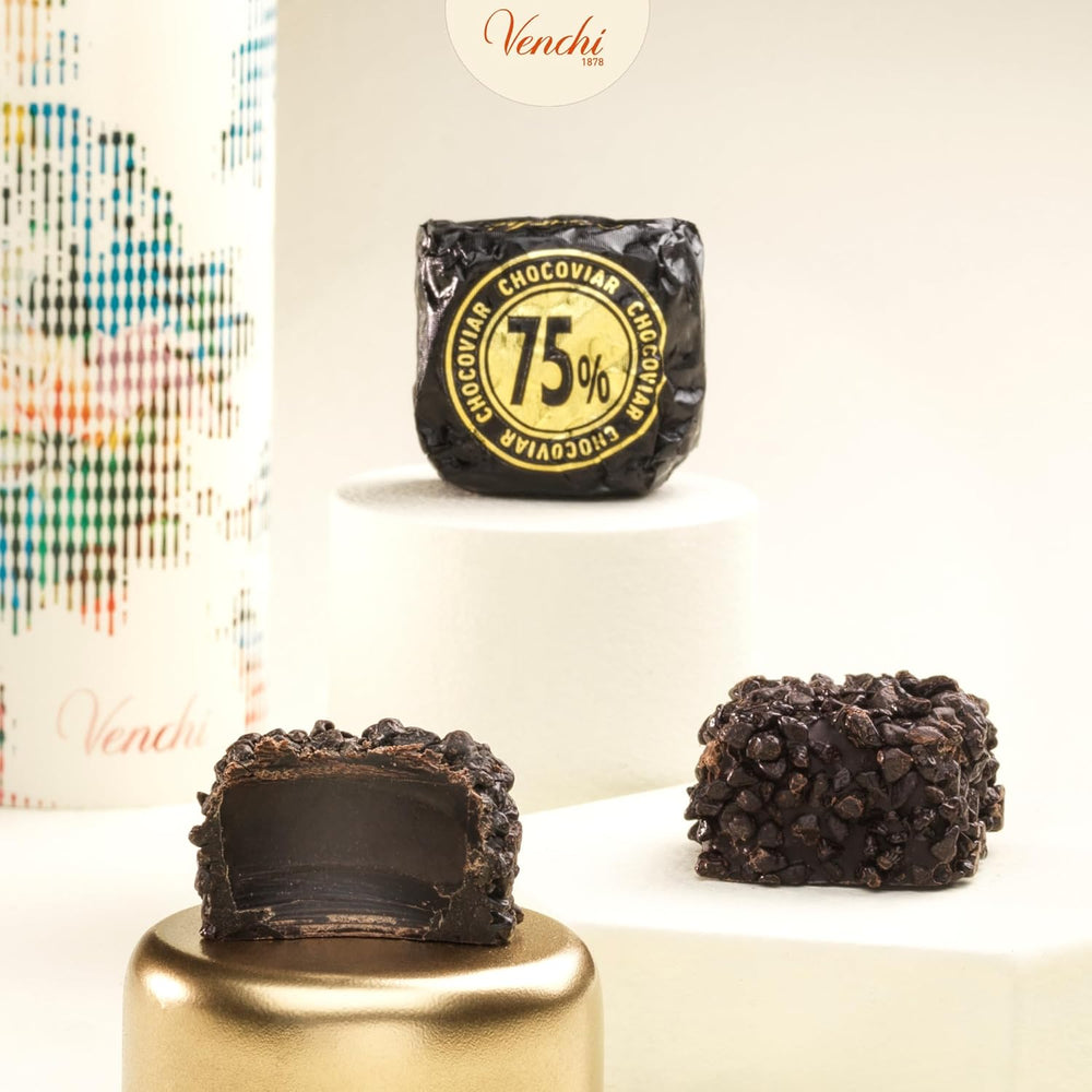 Venchi - Cuburi Chocoviar 75% - Praline cu umplutură "Cuor di Cacao", ciocolată neagră extra și granule Chocoviar 75% - pachet vrac de 1 kg - Vegan - Fără gluten