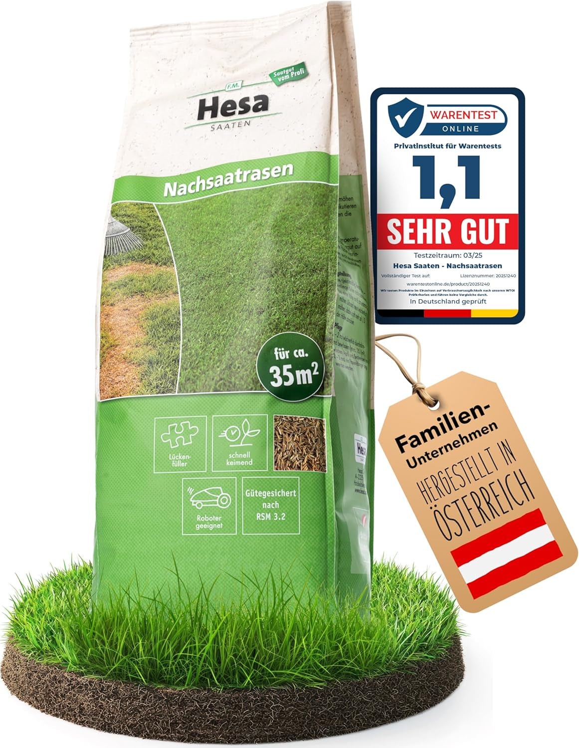 Hesa Nachsaatrasen, 1 Kg Für 35 M², RSM 3.2, Schnellkeimende Premium Rasennachsaat Von Frühling Bis Herbst, Rasenreparatur in Profiqualität