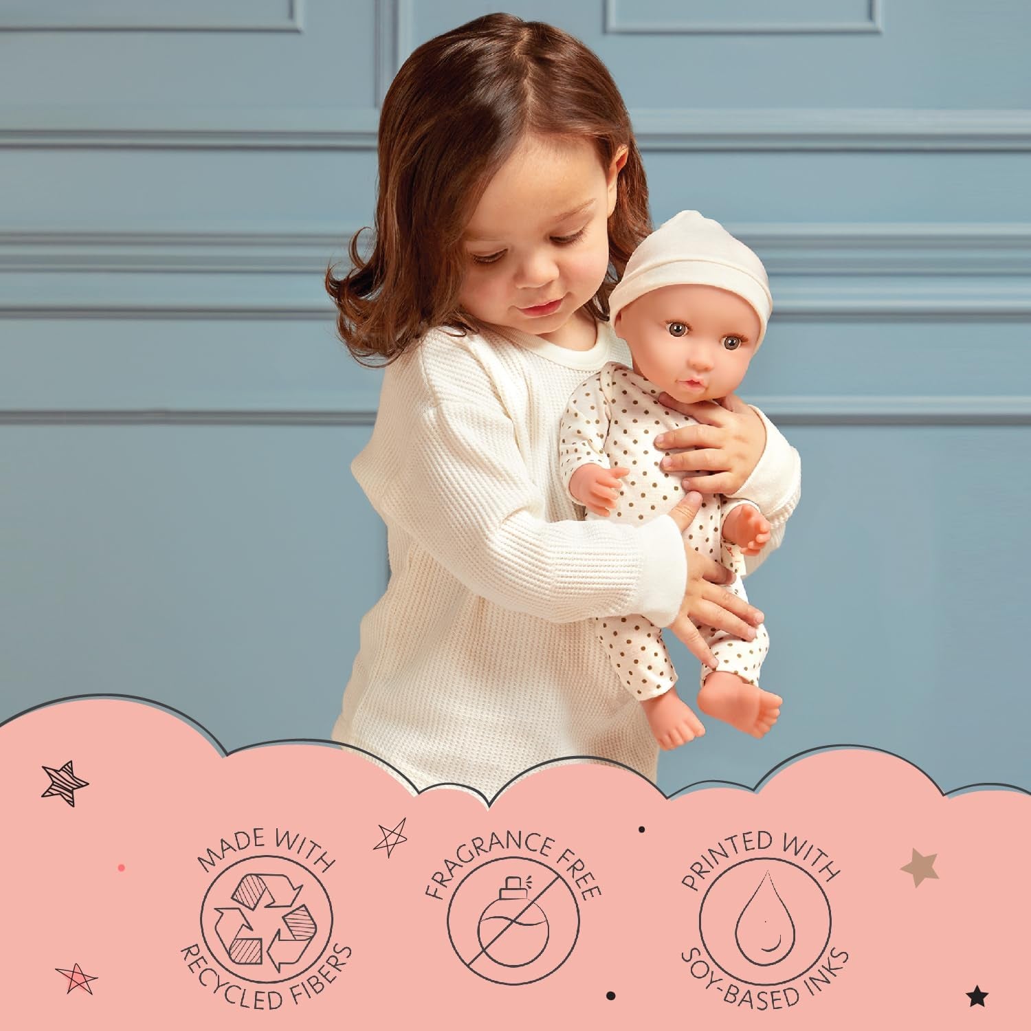 LullaBaby - Baby Puppe - Einteiler & Mütze - 36 cm Realistische Baby-Puppe - Haselnussbraune Augen & weicher Körper - Strampler & Schnuller-Zubehör - Pretend Play Spielzeug - Kinder 2 Jahre +