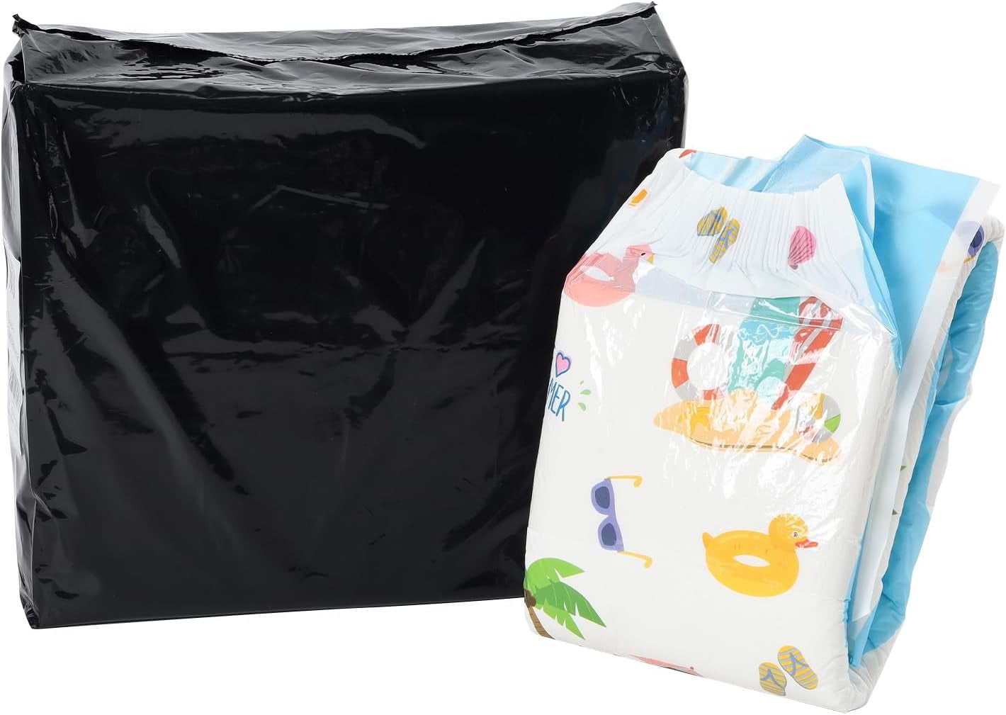 Scutece pentru adulți CutiePlusU, 10 bucăți, scutece de unică folosință cu tablă pentru femei și bărbați, absorbție maximă peste noapte - I Love Summer (Mărime medie 71-96 cm)