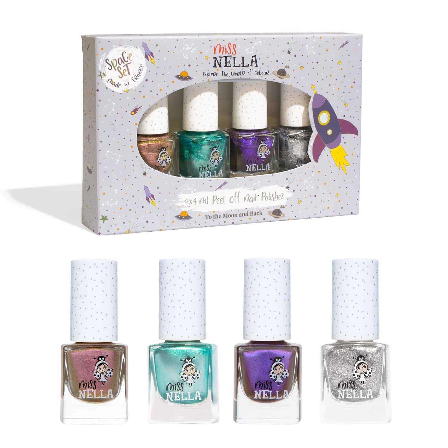 Set de ojă cu sclipici Miss Nella Magic Collection, 4 piese: roz, roșu, auriu și albastru, ojă detașabilă specială pentru copii, non-toxică, pe bază de apă și inodoră