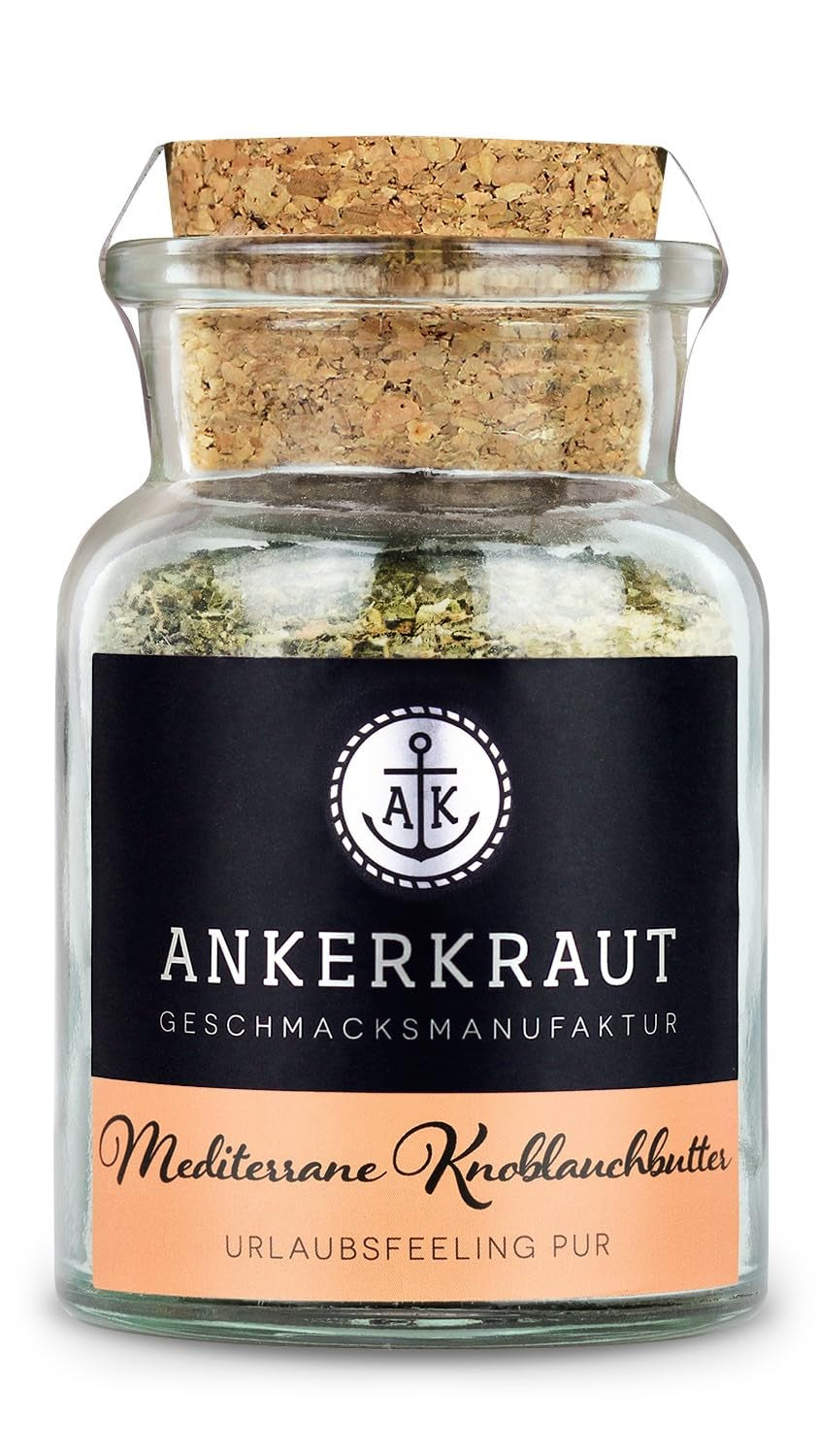 Ankerkraut Mediterrane Knoblauchbutter Gewürz, 85g im Korkenglas, Zuckerfrei, Würzige Zutaten für Butter, Geschenk-Idee, Grill-Abend mit Freunde & Familie, Premium Qualität Ohne Geschmacksverstärker
