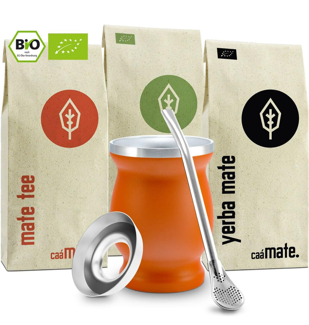 Set de ceai Mate Bio ● 3 sortimente de mate + cană Mate din oțel inoxidabil cu pereți dubli + Bombilla + instrucțiuni de preparare (negru)