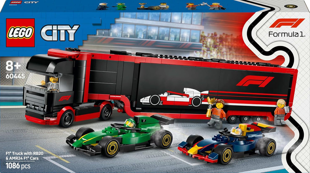 LEGO City F1 Transporter with RB20 & AMR24 F1 Racing Cars - Toy Car Transporter for Red Bull & Aston Martin Formula 1 Teams - Incl. 5 Minifigures - Gift for Boys & Girls Ages 8+ 60445 Seturi de constructie Besuche den LEGO-Store