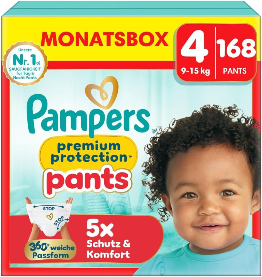 Pampers Premium Protection Pants mărimea 5, 144 scutece, 11 kg - 17 kg, cu ajustare la 360° și manșete moi anti-scurgere pentru confort și protecție optime