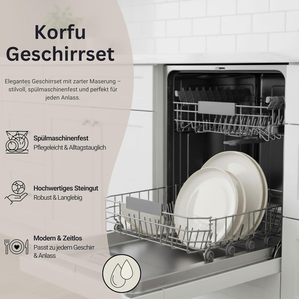 SÄNGER | Set de veselă Corfu cu 24 de piese, serviciu de cină pentru 8 persoane, ceramică lucrată manual, set de farfurii care include farfurii de cină, farfurii de desert și farfurii de sumă, veselă de culoare crem cu textură nisipoasă