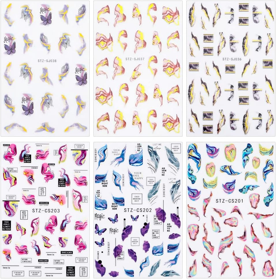 6 Blatt 3D Lila Schmetterling Nagelstickers Selbstklebend Nagelaufkleber Schmetterlinge Nail Sticker Bunte Blühen Marmor Nagel Stickers Regenbogen Welle Linien Nail Art Aufkleber Nageldesign Zubehör