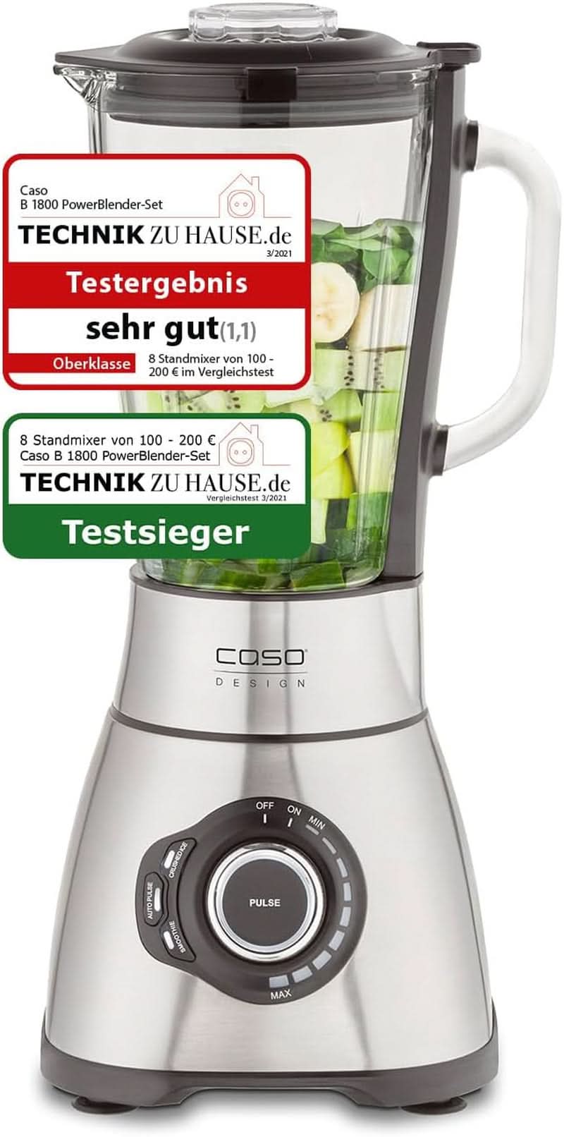 CASO B 1800 Powerblender-Set - Standmixer, 28.000 U/Min, Glasbehälter 1,75 L, Inkl. Trinkflasche Und Zerkleiner, Mixer Testsieger Mit Sehr Gut, Edelstahl Naty Shop Standmixer + Zubehör