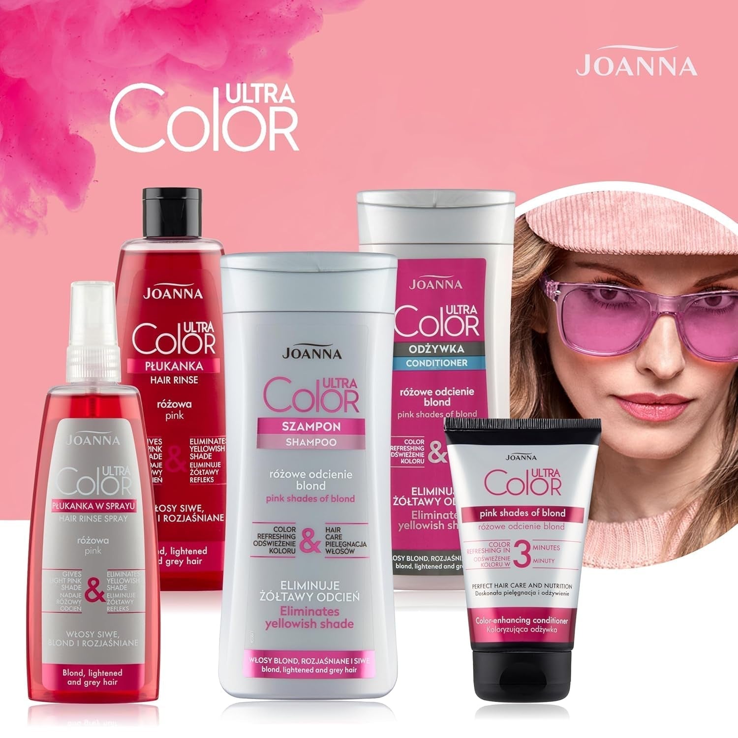 Joanna Ultra Color - Balsam de culoare roz pentru păr blond și deschis - Roz pastel - Strălucire naturală - Elimină nuanța galbenă din părul gri-blond - Efect temporar - 150 ml Vopsea pentru par Naty Shop