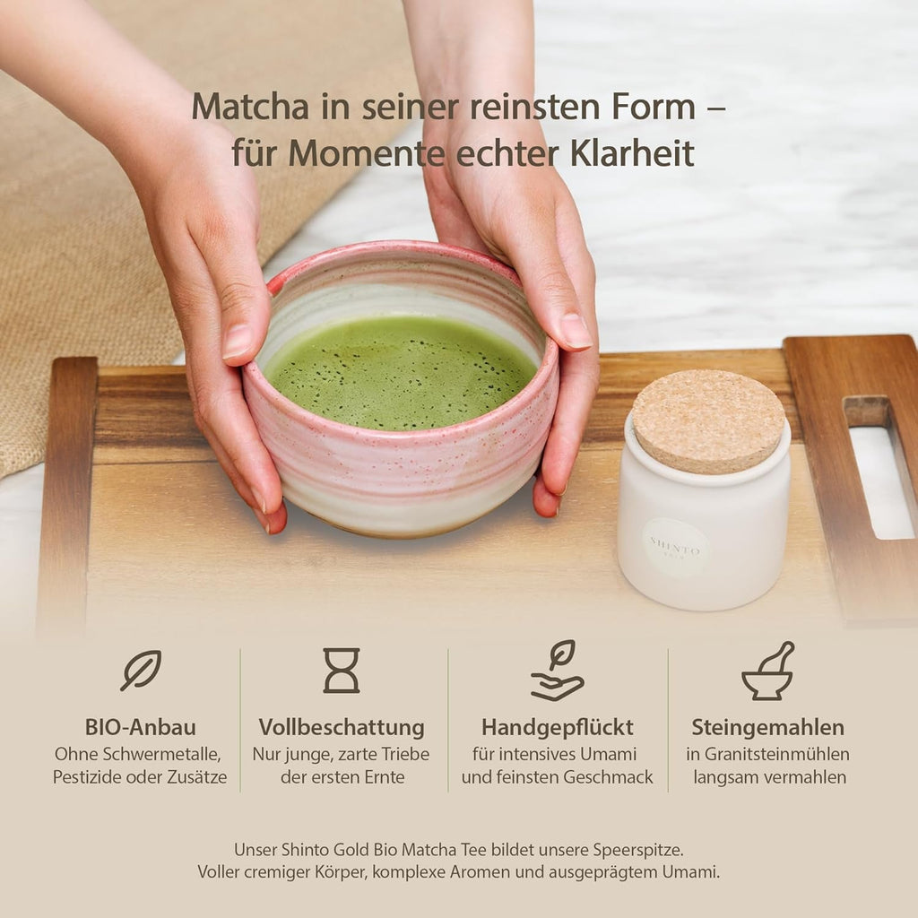 Shinto - Ceai Matcha organic „Gold” - Pulbere de ceai verde de calitate ceremonială - Certificat JAS &amp; EU BIO - Umbrit &amp; Cules manual - Import direct din Uji, Japonia - 30 g