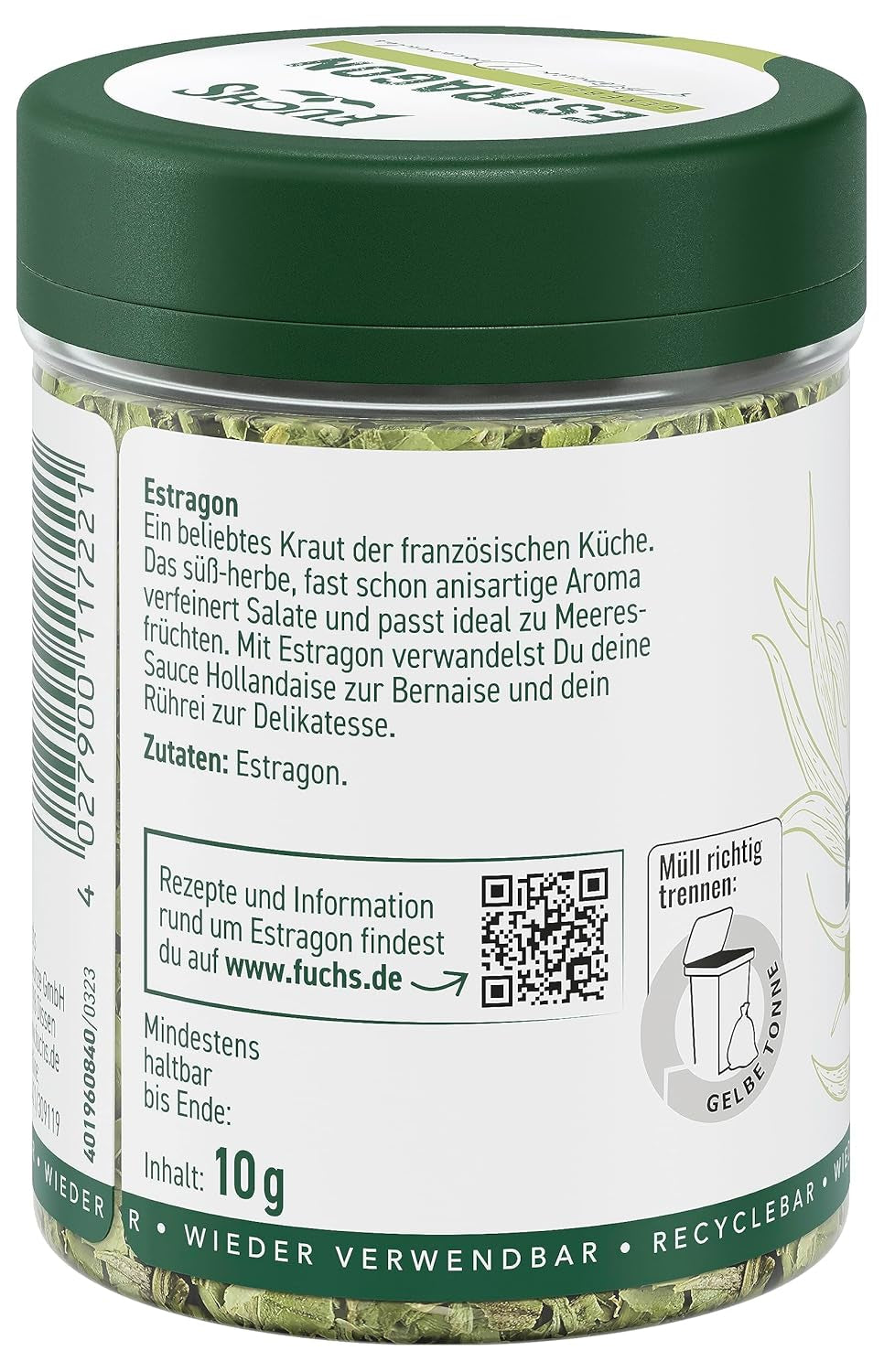 Fuchs Gewürze - Estragon gerebelt - französisches Kraut zur Verfeinerung von Salaten, Sauce Hollandaise oder Rührei - natürliche Zutaten - 10 g in wiederverwendbarer, recyclebarer Dose