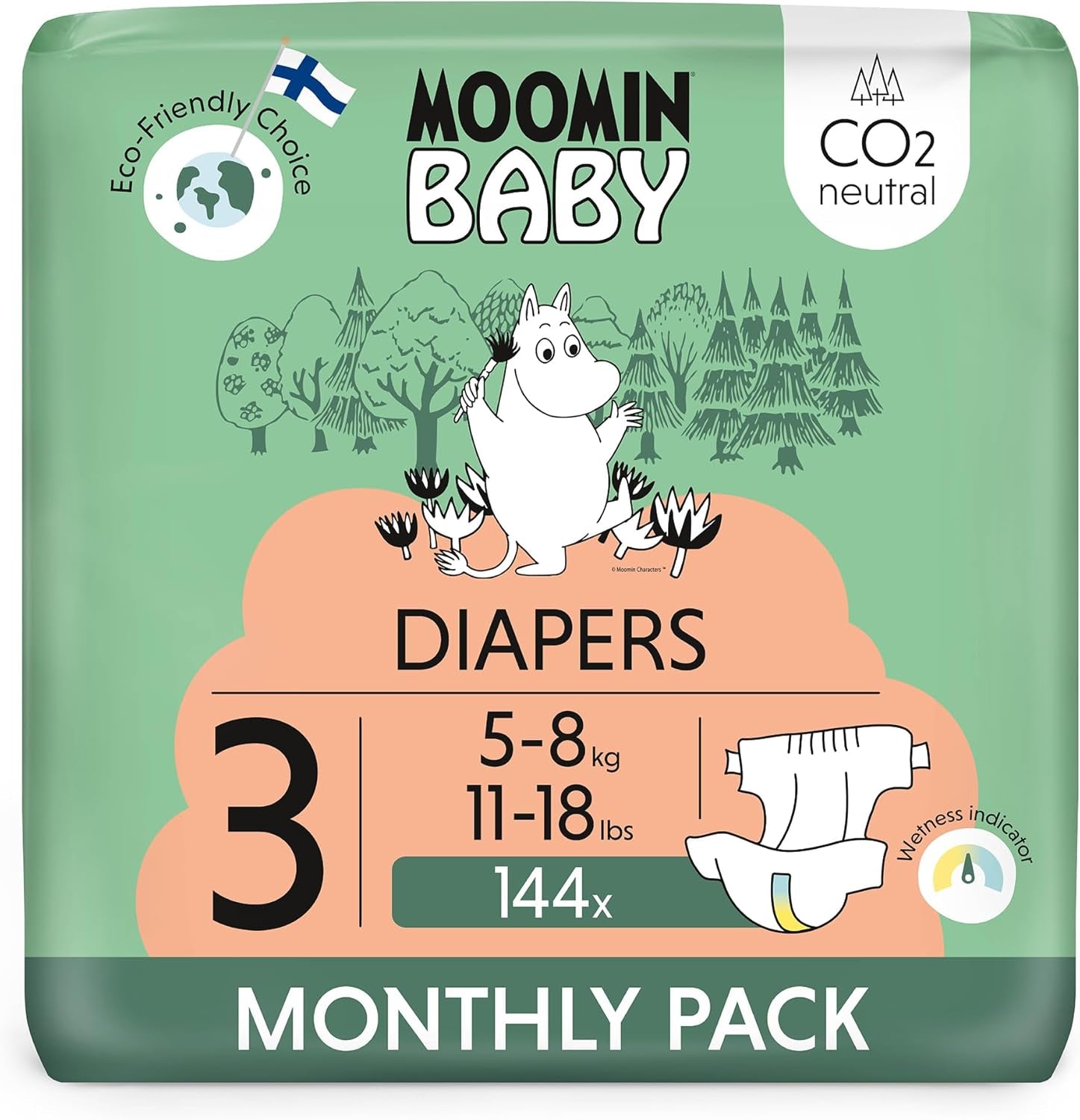 Scutece Moomin Baby Eco, mărimea 3, 5-8 kg, 48 bucăți, scutece premium moi | Moi și prietenoase cu pielea, respirabile, absorbante, fără substanțe chimice inutile |