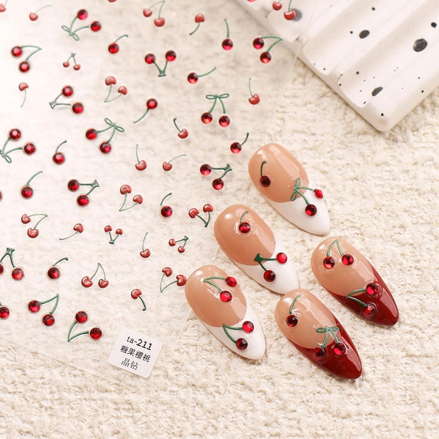 JMEOWIO 3D Nagelsticker Kirsche Nail Art Sticker Selbstklebend Nagelaufkleber 5D Stereoskopisch Dekoration Nageldesign Zubehör 1 Blatt