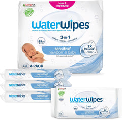 Șervețele umede WaterWipes Sensitive+ pentru nou-născuți și bebeluși, 240 bucăți (4 pachete), curățare, îngrijire, protecție 3 în 1, 99,9% apă, fără parfum