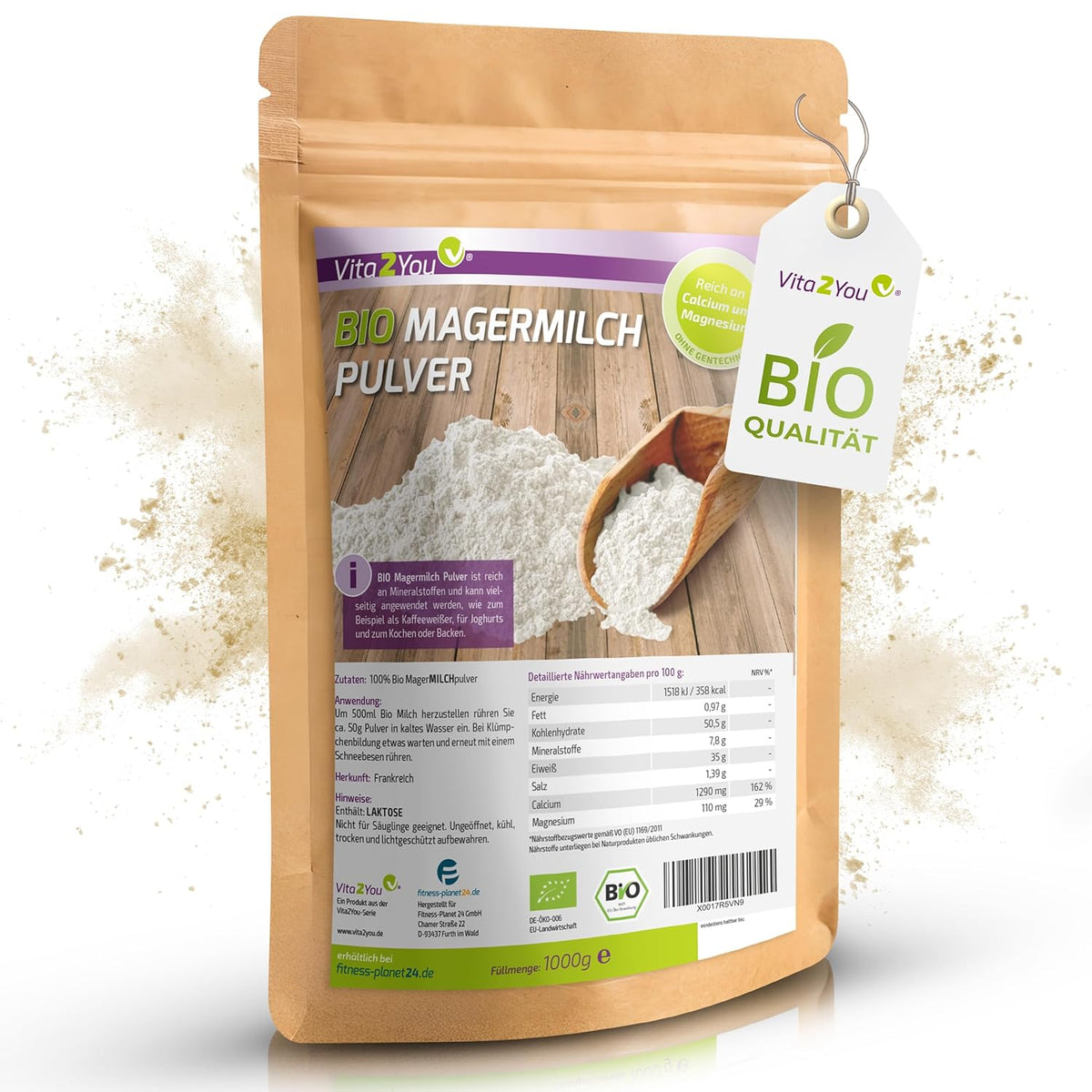 Vita2You Bio Magermilchpulver 1000g - 100% Bio Qualität - zum Backen - Kaffeeweißer - Milchpulver für Joghurts - 1kg - Premium Qualität