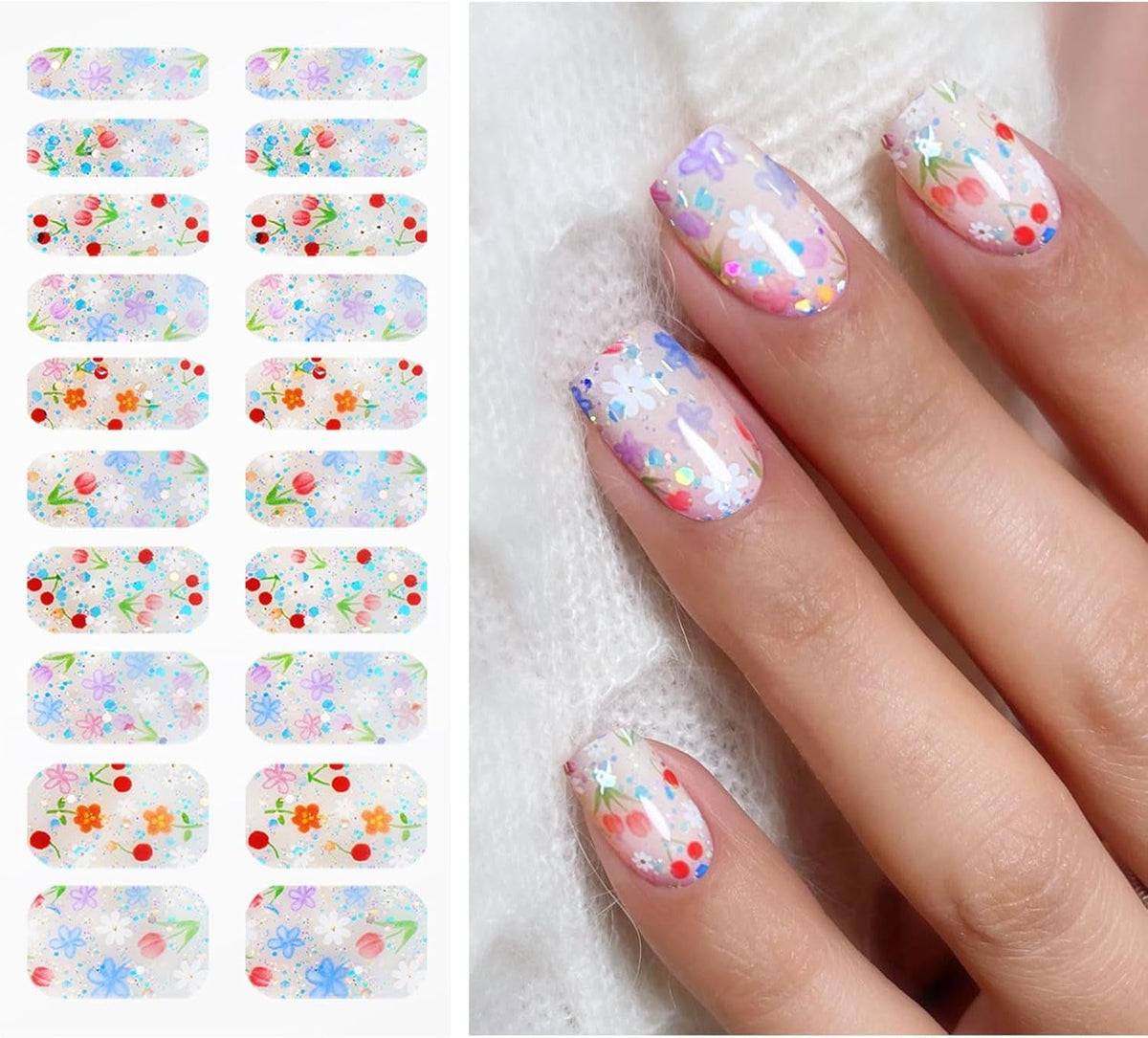 JMEOWIO Nagelfolie UV Härtend Bunter Blumenglitzer UV Gel Nail Strips Nagelsticker Nagelaufkleber Nail Art Dekoration Nageldesign Zubehör