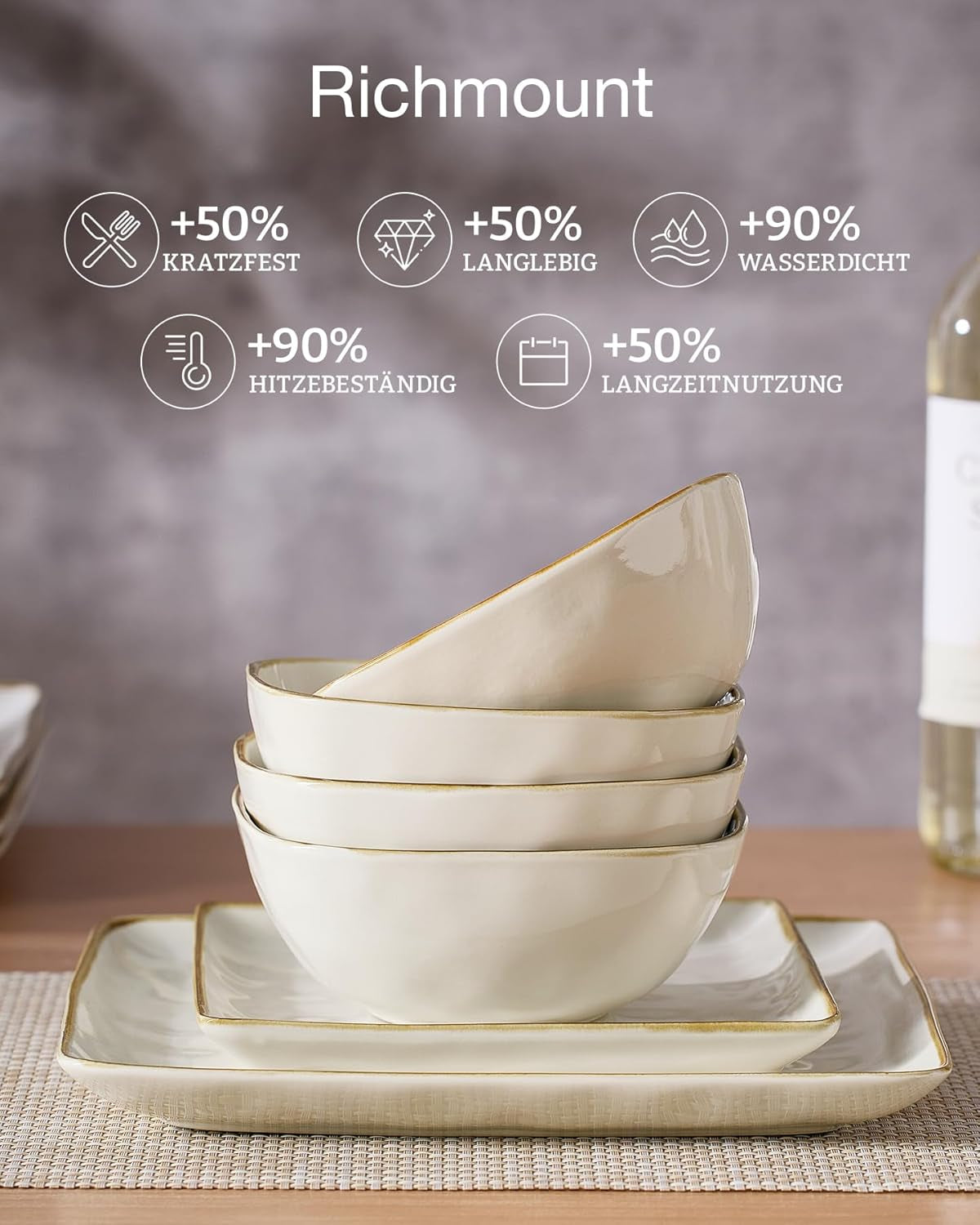 Set de veselă din gresie pentru 6 persoane, seria Ocean, set de veselă pătrată cu 18 piese, set de farfurii, serviciu combinat cu glazură reactivă, veselă rezistentă la zgârieturi, bej