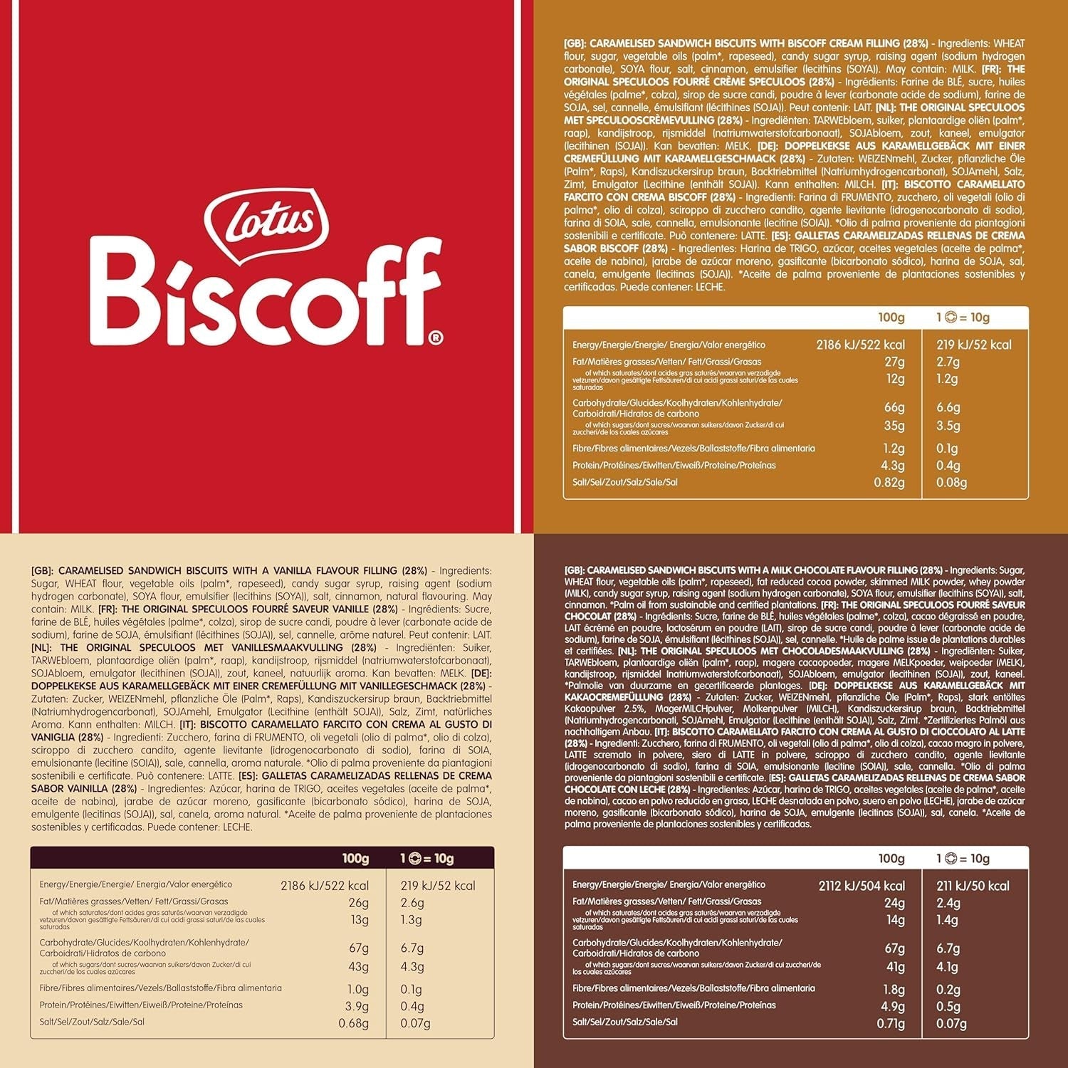 Lotus Biscoff | Pachet Variat de Biscuiți Dubli | 3 Varietăți: Cremă Biscoff, Vanilie și Aromă de Ciocolată | 5 Biscuiți Dubli per Pachet | Ingrediente de Origine Naturală | Fără Coloranți | 16 x 50g | 800g