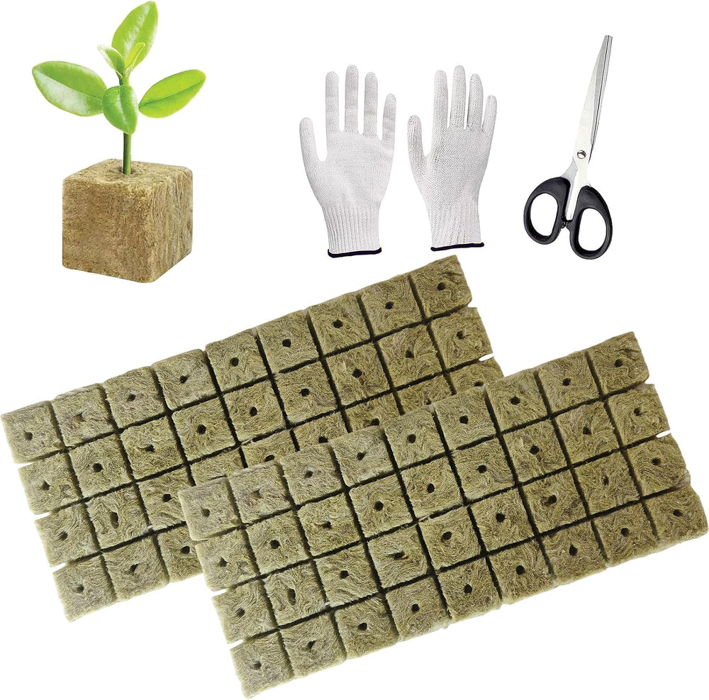 50 de bucăți de covoraș de creștere din vată minerală, cub de vată minerală, izolație din vată minerală, covoraș de creștere din vată minerală cu foarfece și mănuși pentru creștere fără sol, hidroponie și transplantare