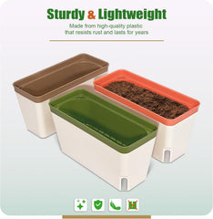 Ghiveci de flori cu auto-udare, set de 3, ghivece dreptunghiulare de 27 cm, ghivece pentru plante aromatice, cutii pentru pervaz cu rezervor de apă, ghivece moderne din plastic pentru interior și exterior, grădină, birou