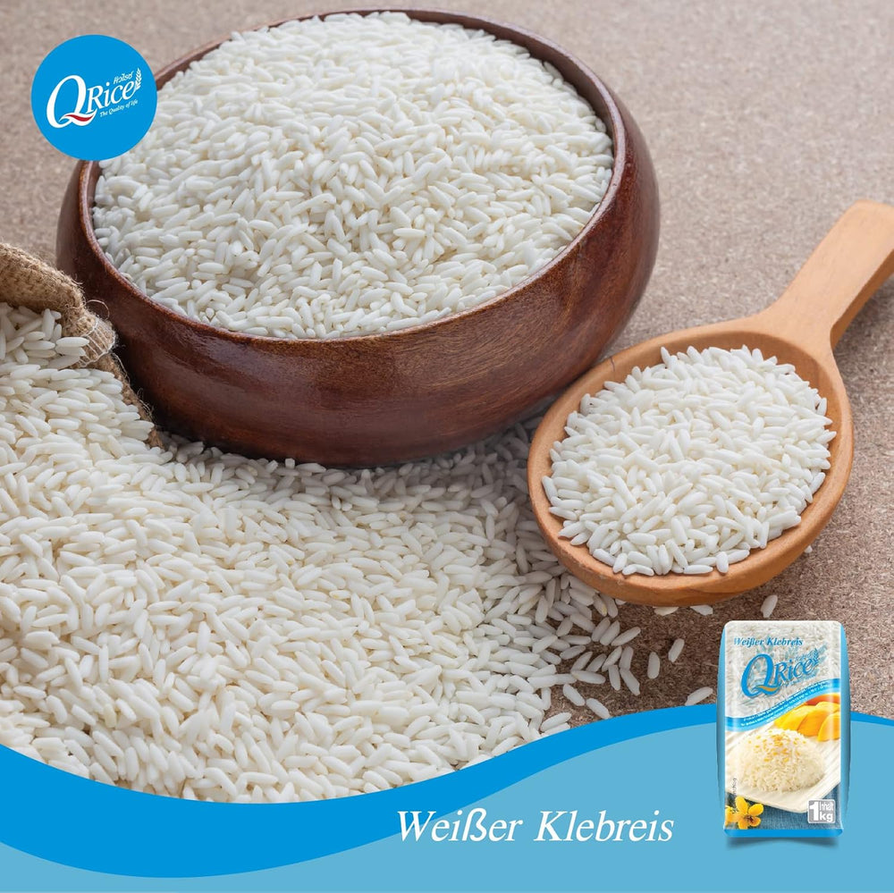 Q RICE | Weißer Klebreis Langkorn aus Thailand | Aromatisch mit klebriger Textur | Ideal für Currys, Sushi, Mochi oder Reispudding | 1 x 1 kg