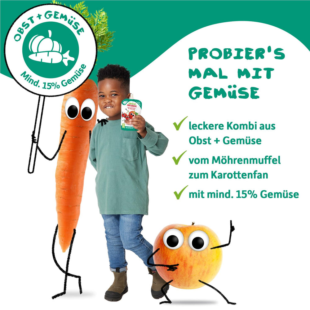FRECHE FREUNDE Pungă de fructe bio, compresibilă, cu mere, căpșuni, sfeclă roșie și morcov, piure de fructe cu legume într-o pungă compresibilă pentru bebeluși de la 6 luni, vegan, pachet de 6 (6 x 100g)