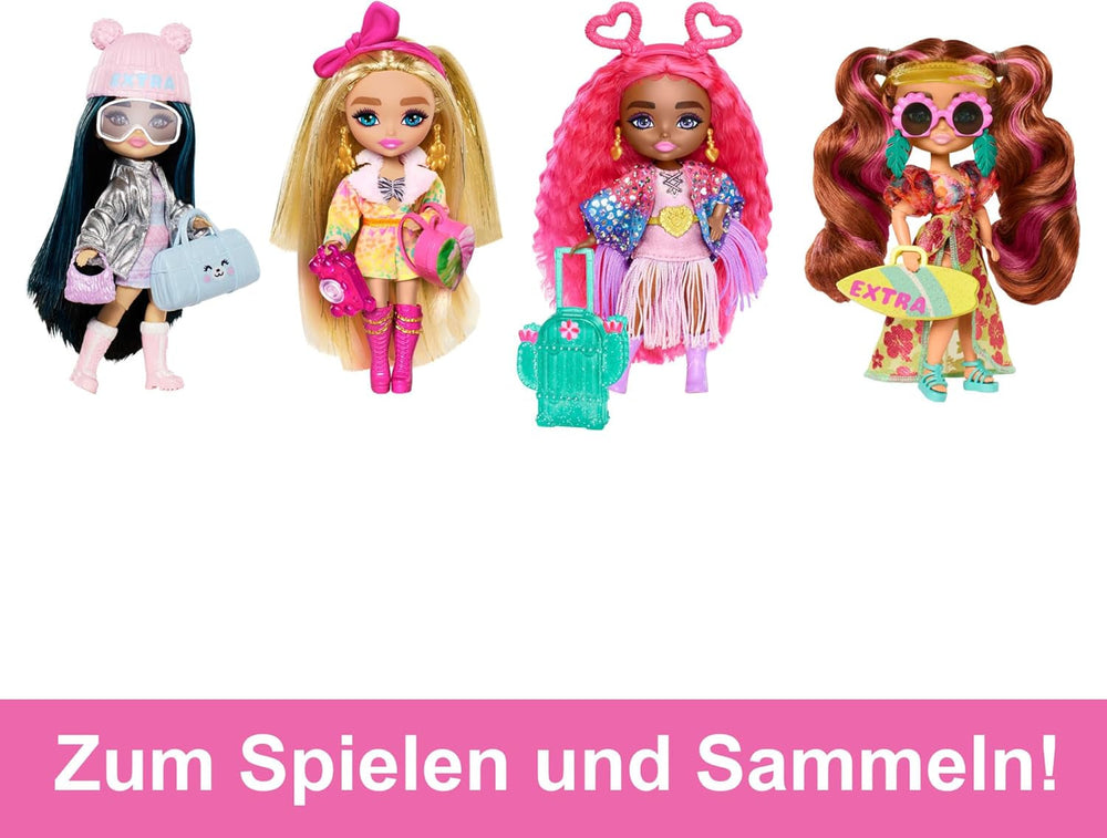 Barbie Extra Minis - Reisepuppe mit Accessoires für einen winterlichen Urlaub, inklusive Puppenständer, für Kinder ab 6 Jahren, HPB20