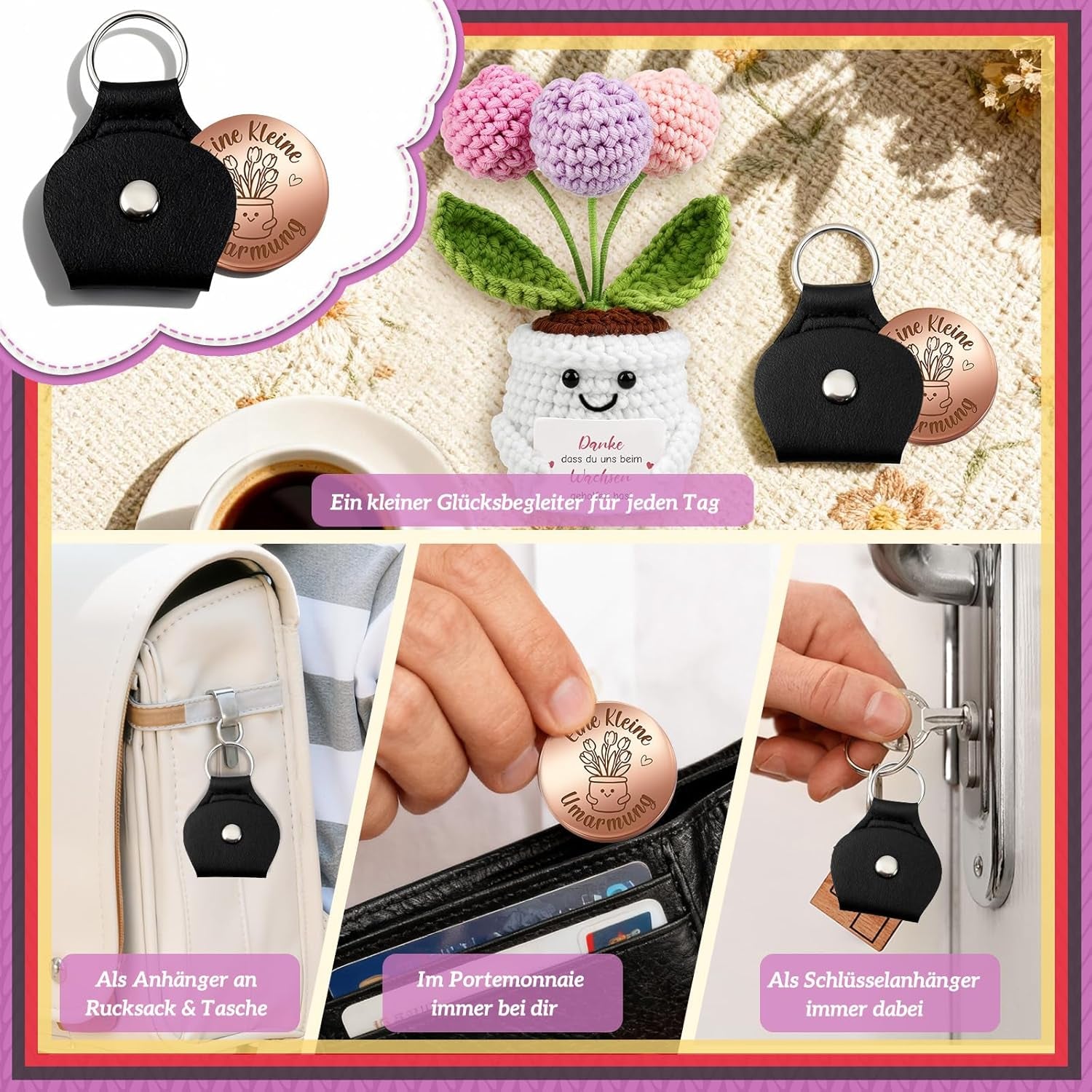 Abschiedsgeschenk Kollegin & Lehrerin Erzieherin - Pocket Hug Tulpen Blumen - Dankeschön Geschenk Für Rente, Jobwechsel & Abschied - Gehäkelte Blumen & Glücksbringer - Schlüsselanhänger