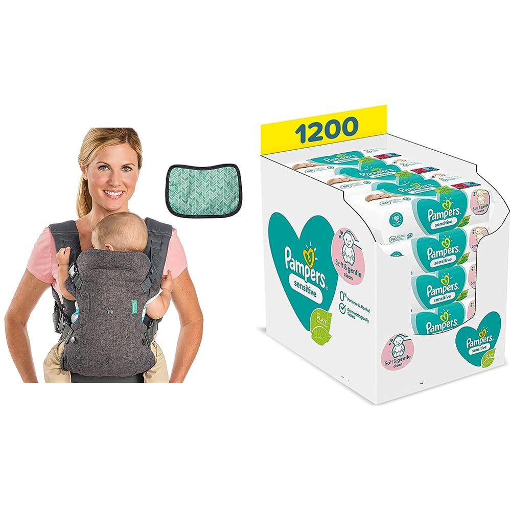 Marsupiu bebeluși Flip Advanced 4 în 1 cu bavetă și șervețele umede Pampers Sensitive, 1200 de șervețele (15 x 80) pentru pielea sensibilă a bebelușilor, testat dermatologic, articole esențiale pentru nou-născuți