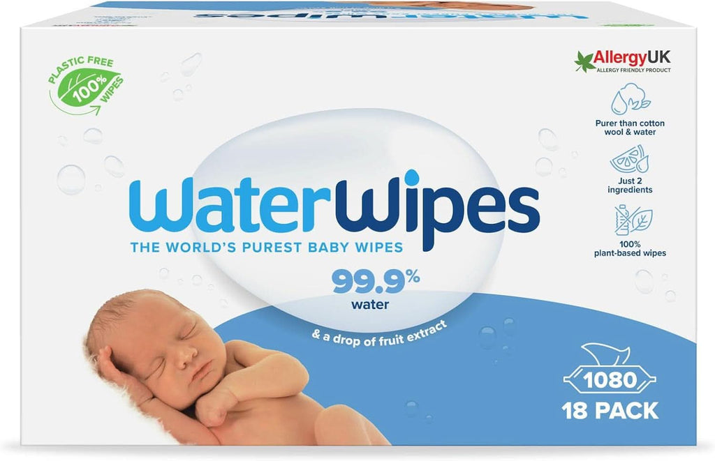 Waterwipes Plastikfreie, Originale Reinigungstücher Für Babys, 540 Stück (9 Packungen), 99,9 % Wasserbasierte Reingugnstücher, Unparfümiert Für Empfindliche Haut Naty Shop 1080 Stück (1Er Pack)