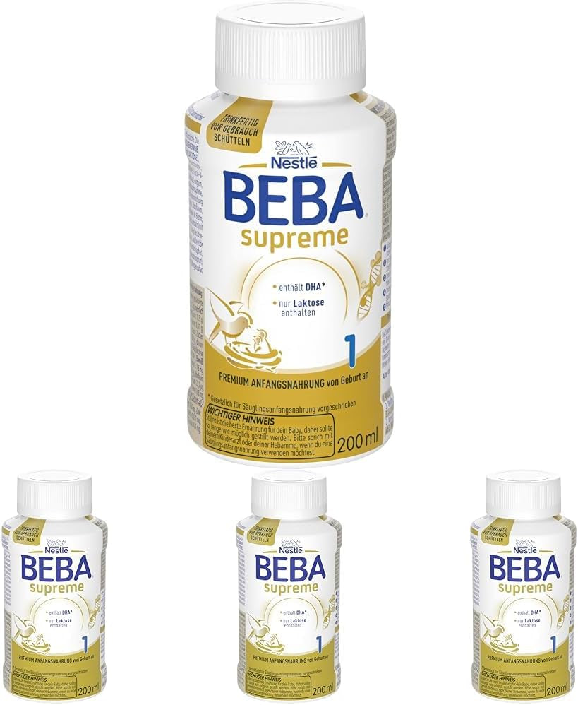 BEBA Nestlé BEBA SUPREME 1 Lapte pentru sugari: biberoane gata de băut, cu Omega 3, pachet de 4 (1 x 200 ml)