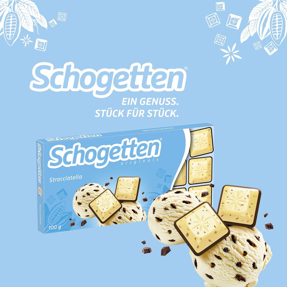 Baton de ciocolată Schogetten Stracciatella 100g, porționat individual. O încântare. Bucată cu bucată.