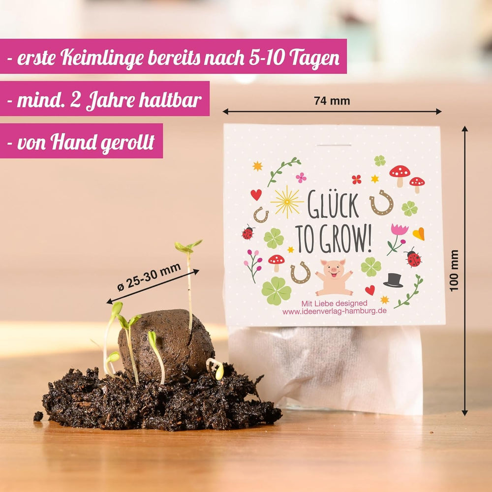 10x "Glück to grow" Samenbomben als Glücksbringer 2026 & Blumensamen Geschenk | Mitbringsel Erwachsene & kleine Gastgeschenke Silvester - Kleeblatt Glücksbringer Prüfung - inkl. Geschenkkarten Set