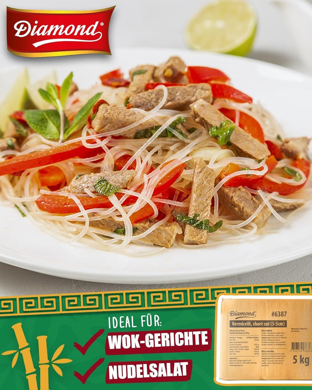 Tăiței de sticlă DIAMOND, tăiței scurți de sticlă din amidon de fasole mung, natural vegani și fără gluten - 1 x 5 kg