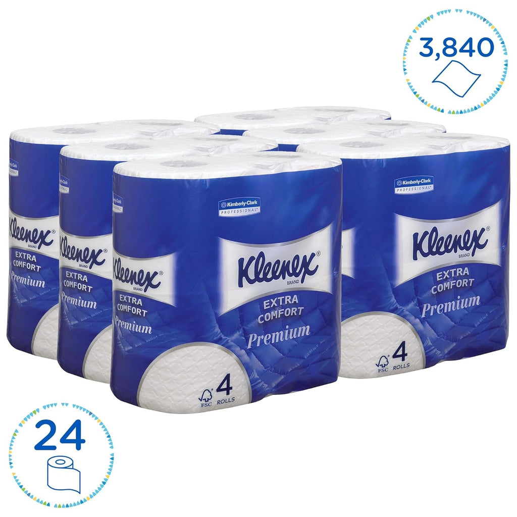 Kleenex Premium Role de hârtie igienică 8484, hârtie igienică 24 de role X 160 de foi umflate, hârtie igienică 4 straturi, 100% fibră pură, de înaltă calitate, rezistentă la rupere și moale (pachet cu 2)