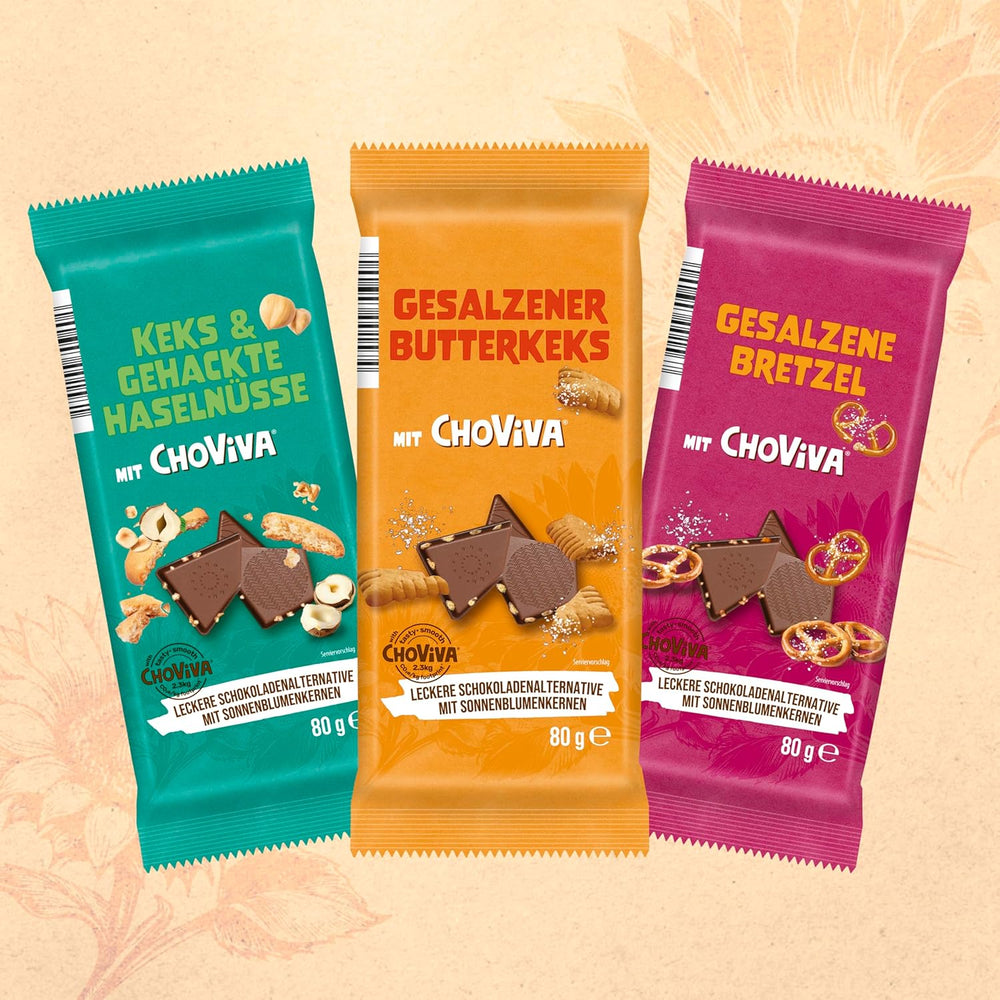 Biscuite cu unt sărat și ChoViva, baton de 80g, făcute din alternativă la ciocolată cu semințe de floarea-soarelui