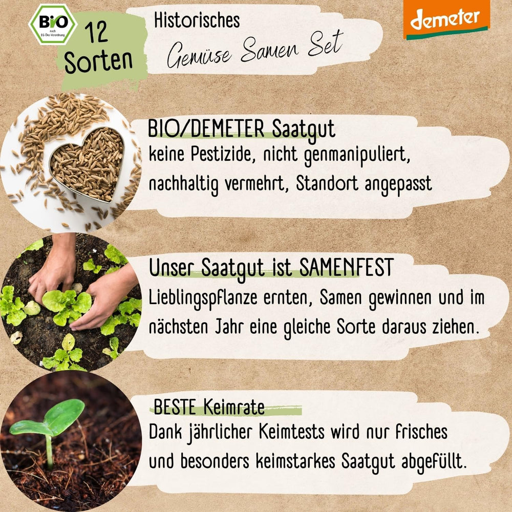 Set de semințe de legume organice - 12 varietăți de semințe de legume Demeter | Semințe de legume rare și de familie, toate polenizate liber | Soiuri de legume de familie pentru balcoane, paturi înalte, grădini și cadou | Loveplants