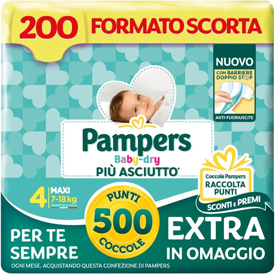 Pampers Baby Dry Maxi Mărimea 4 (7-18 kg), 200 de scutece + 500 de puncte de îmbrățișare suplimentare gratuite