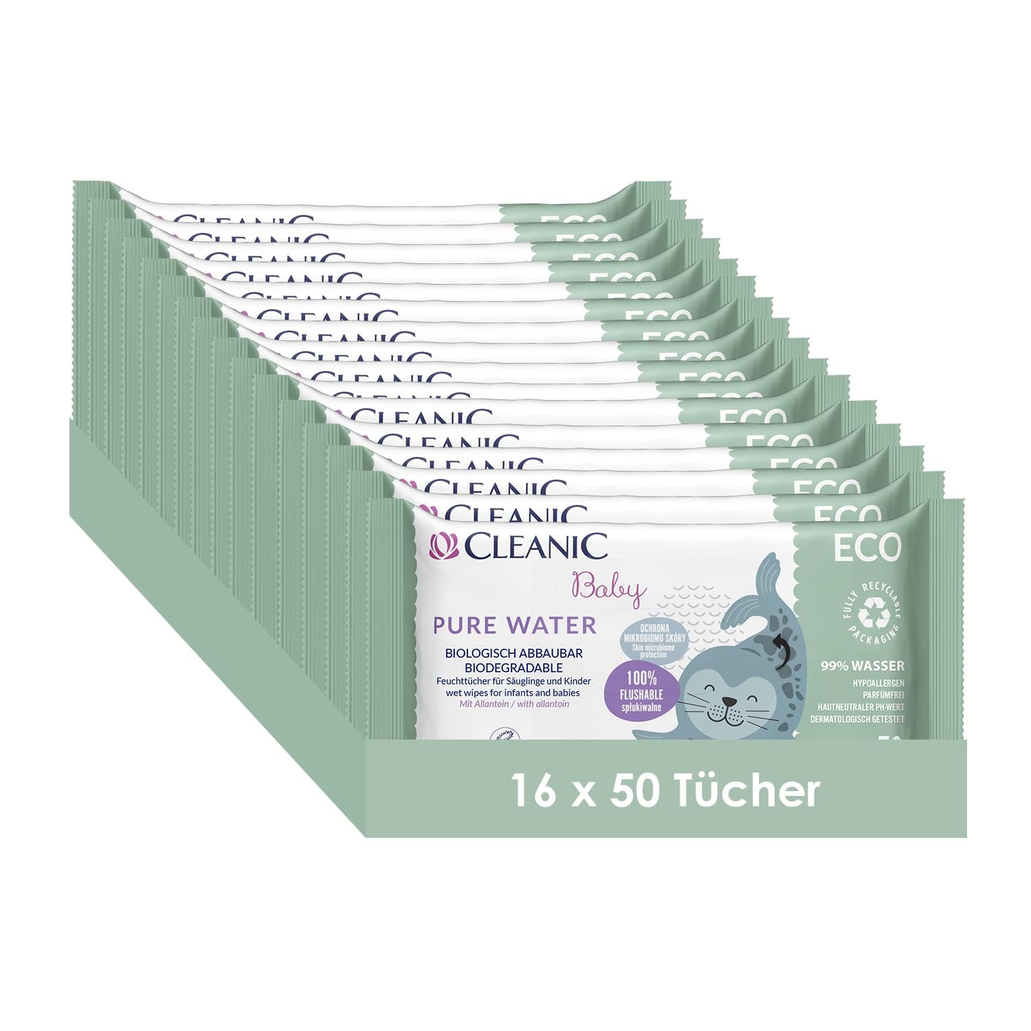 Șervețele umede Cleanic Baby Eco Pure Water – (1 x 50 buc.) Șervețele umede pentru copii și sugari – fără parfum, se pot arunca la toaletă, piele sensibilă – 50 buc.