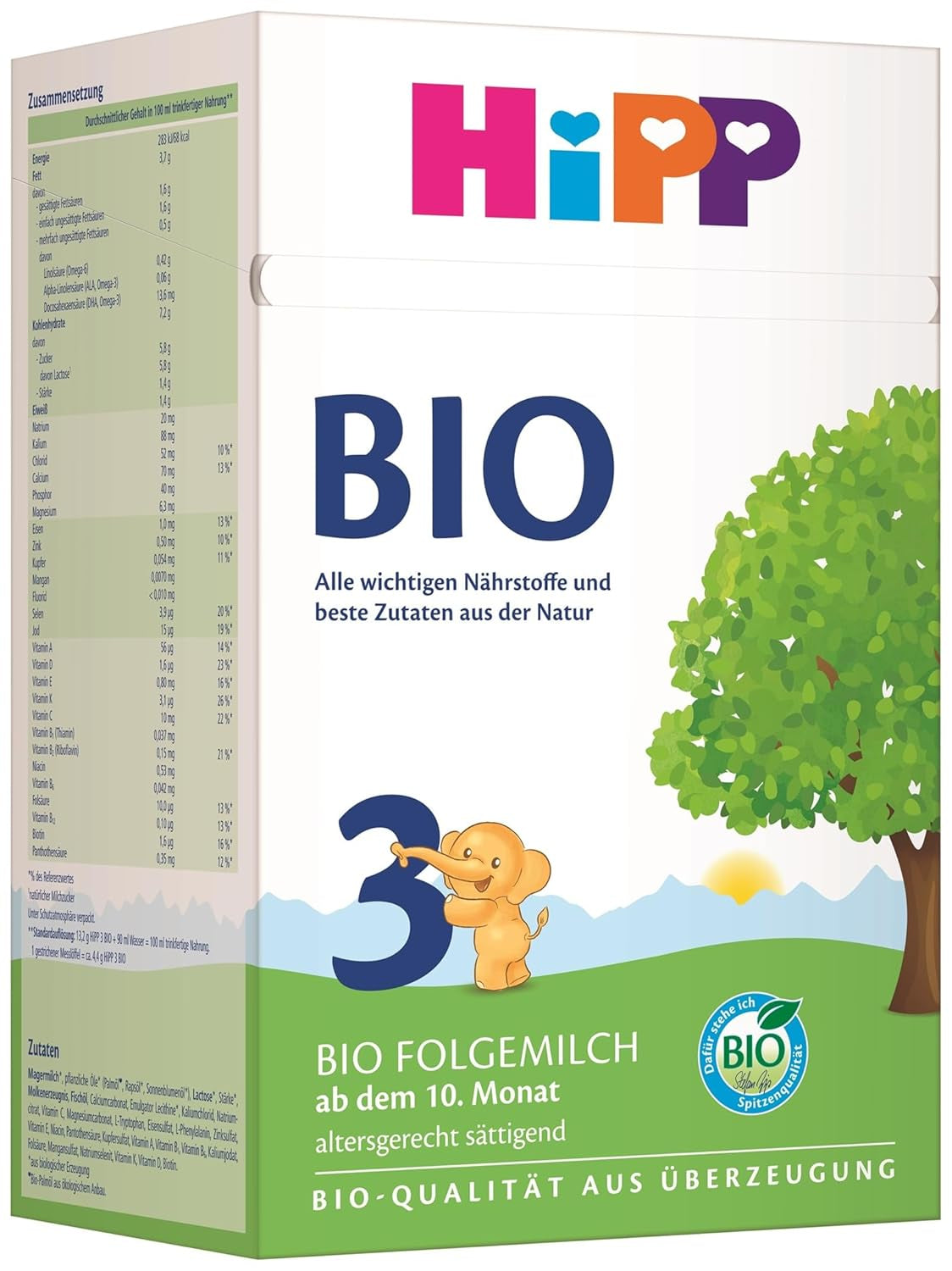 Lapte de continuare HiPP 3 Organic (4 x 600g) - după 10 luni, cu Omega-3 (DHA, ALA), Calciu, Vitamina D, de cea mai bună calitate organică