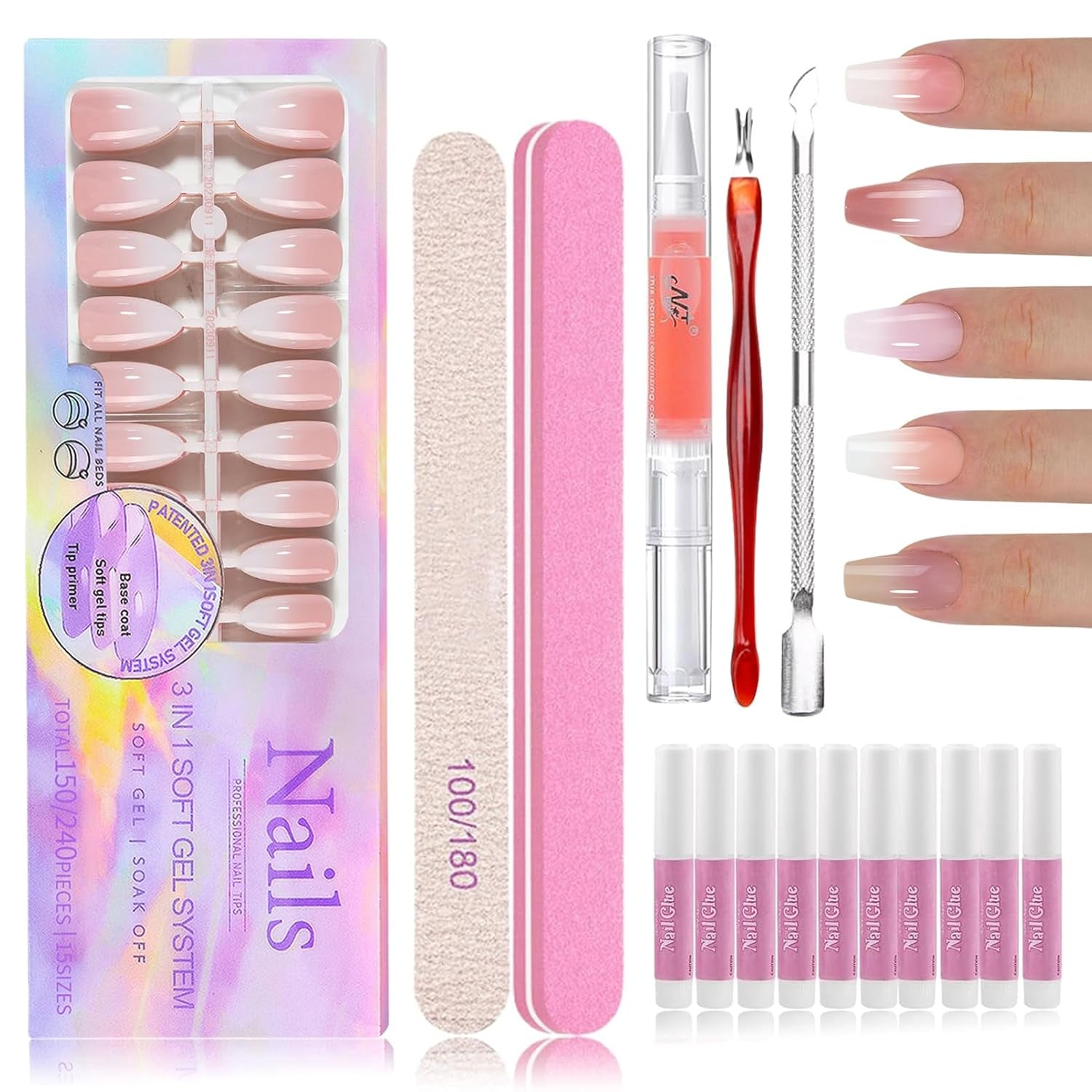 Kit 150 bucăți unghii false gradient - 5 culori design ombre unghii artificiale autoadezive - acoperire completă pentru femei și fete - unghii false lucioase pentru manichiură DIY (pătrat)