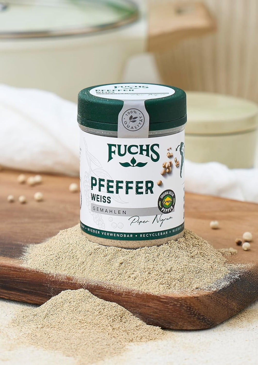 Fuchs Gewürze - Pfeffer weiß gemahlen - Pfeffer aus dem Amazonasgebiet, für helle Saucen, Fisch oder Suppen - natürliche Zutaten - 60 g in wiederverwendbarer, recyclebarer Dose