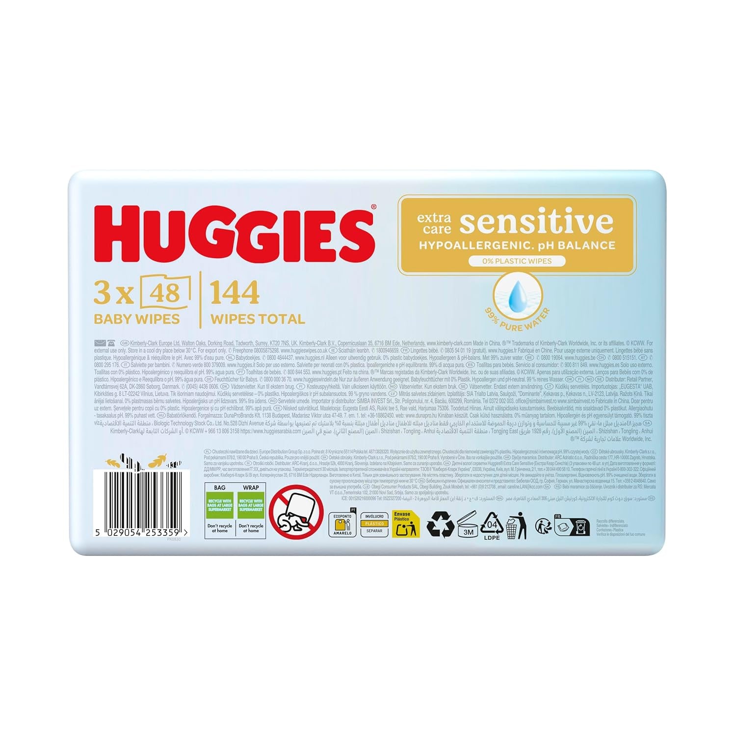 Șervețele umede pentru bebeluși Huggies Pure Extra Care Sensitive, 99% apă, fără plastic, fără parfum