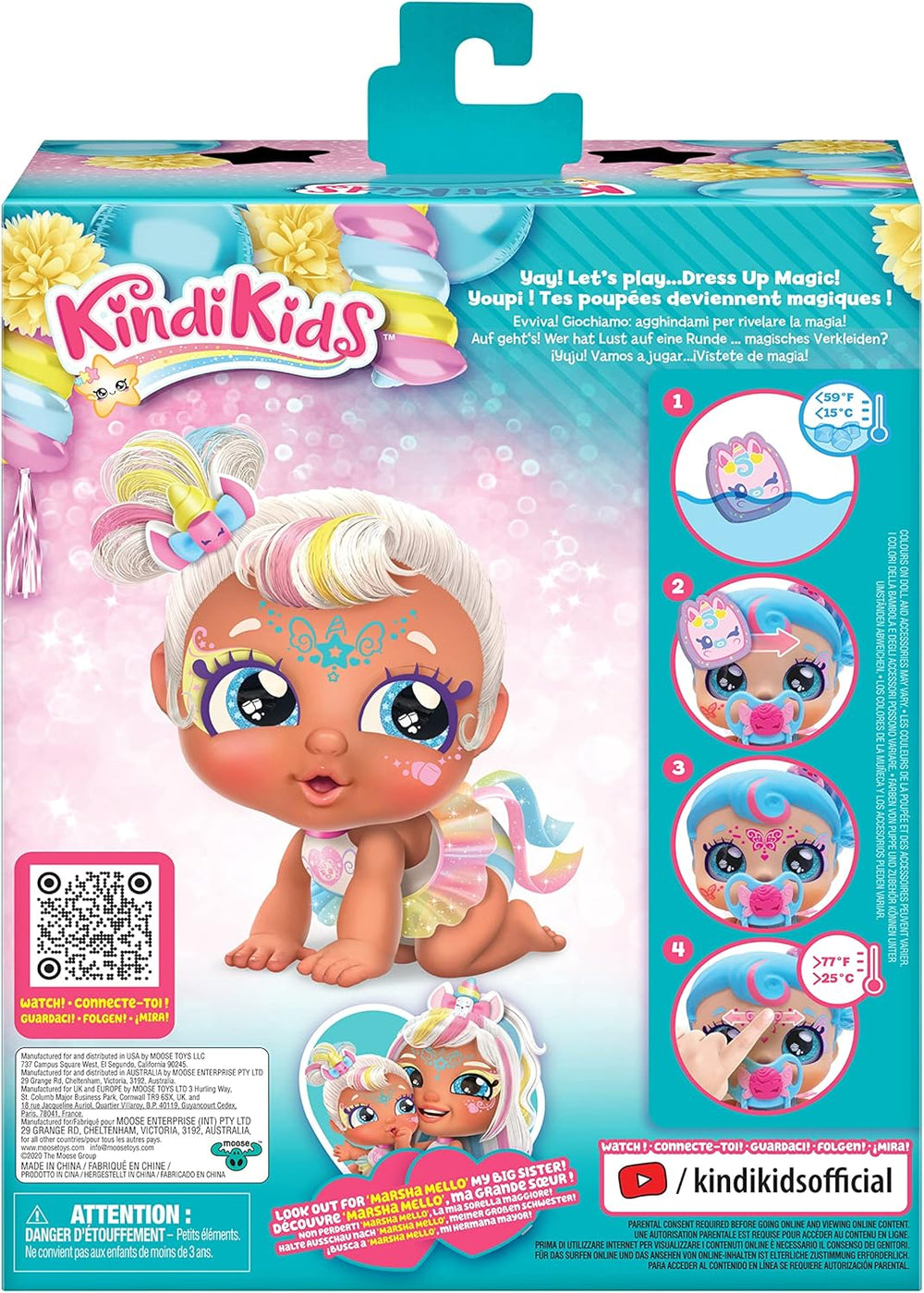 Babyschwester-Puppe Mni Mello als Einhorn, 1 Puppe mit Spielzeugschnuller und Zauberschwamm für magische Gesichtsbemalung. Große, glitzernde Augen, biegsame Arme und Beine, 50275