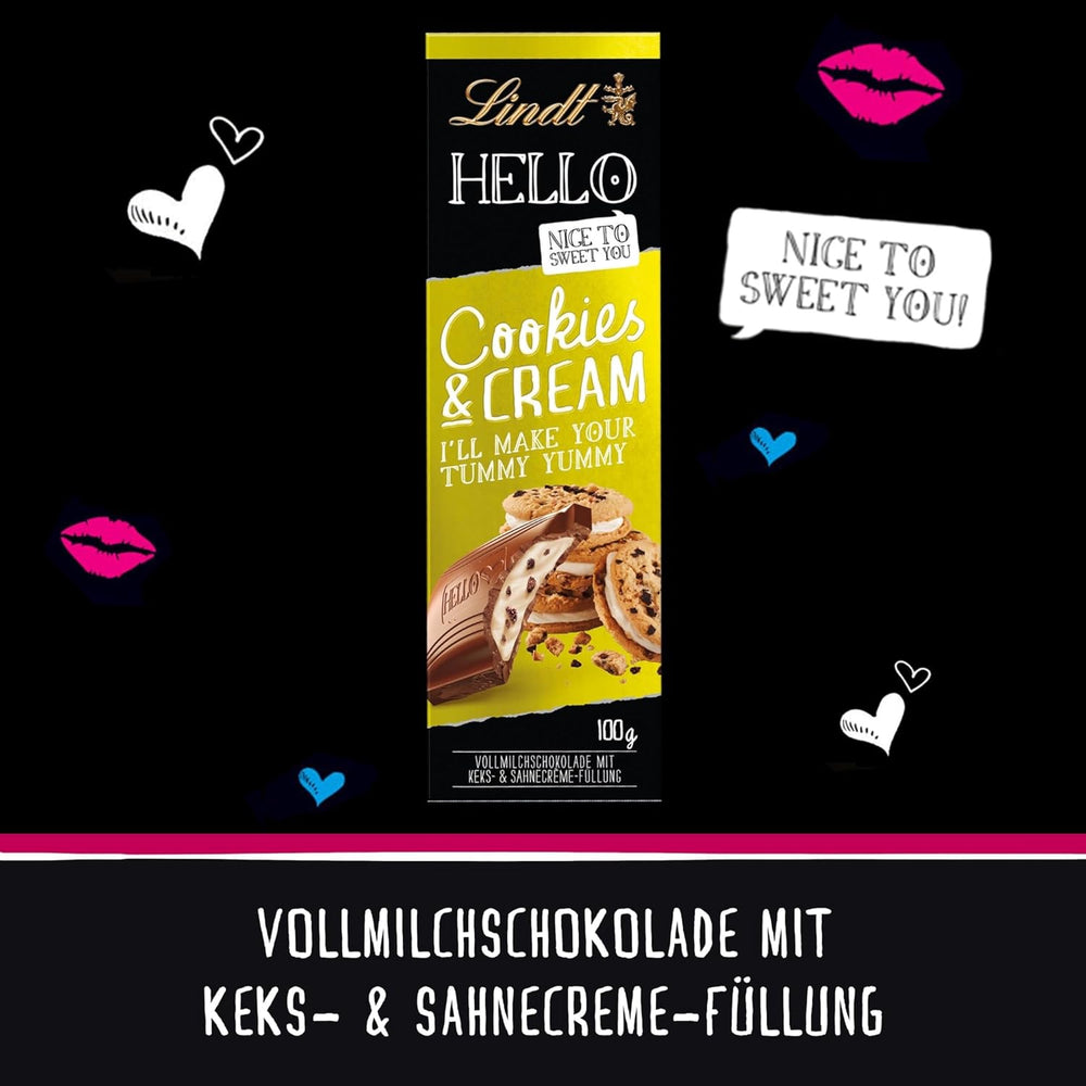 Lindt Hello Cookies & Cream Chocolate | Baton 100g | Ciocolată cu lapte cu umplutură de fursecuri și cremă | Baton de ciocolată | Cadou de ciocolată