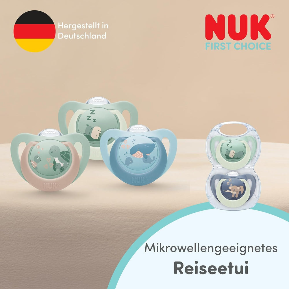 Suzete NUK First Choice Night pentru bebeluși | 6-18 luni | Suzete ortodontice care strălucesc în întuneric | Calmează 99% dintre bebeluși** | Hipopotam/Koala | Pachet de 2