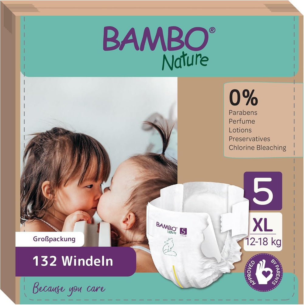 Scutece Bambo Nature pentru bebeluși, mărimea 1 (2-4 kg), cutie lunară de 132 bucăți | Scutece premium cu protecție îmbunătățită împotriva scurgerilor | Confort și libertate supreme pentru nou-născuți | Scutece testate dermatologic