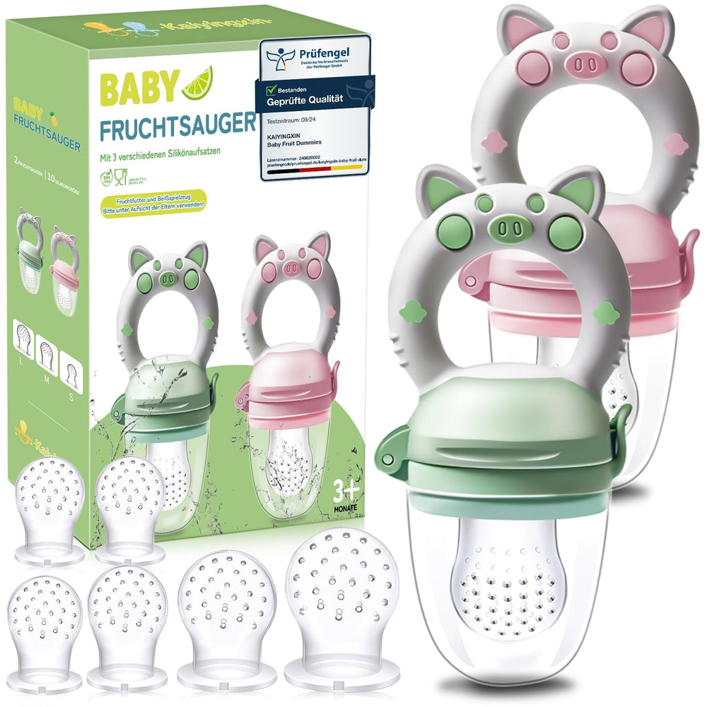 Hrănitoare cu fructe pentru bebeluși, pachet de 2 suzete cu fructe pentru bebeluși de la 3 luni în sus, versiune îmbunătățită 2023, suzete umplubile, suzete din terci, suzete cu fructe pentru bebeluși, fără BPA, 8 tetine din silicon în 3 dimensiuni