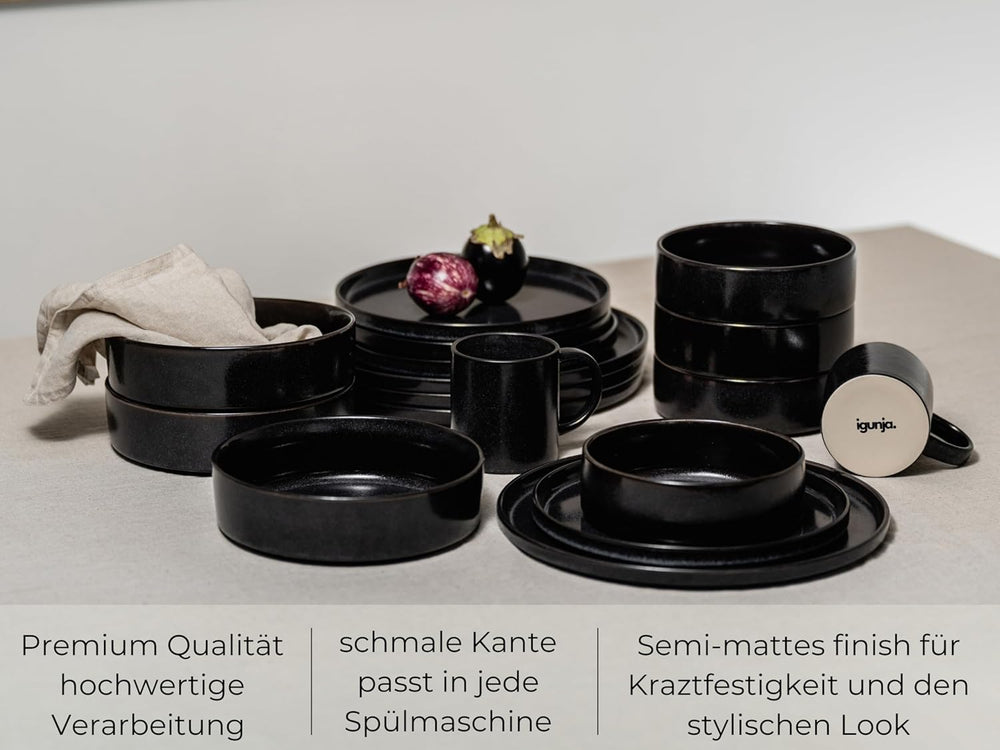 Set de veselă din gresie, set de bol și farfurii negre [12 piese pentru 4 persoane] Set de veselă neagră, 100% lucrat manual, cu glazură reactivă de calitate premium